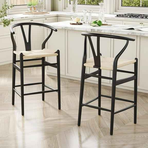 Farini Wishbone Counter Height Barstool, Fully Assembled Weave Bar Chair with Wooden Frame, for Kitchen Island, Dining Room, Bar, 2pcs, Black-Beige