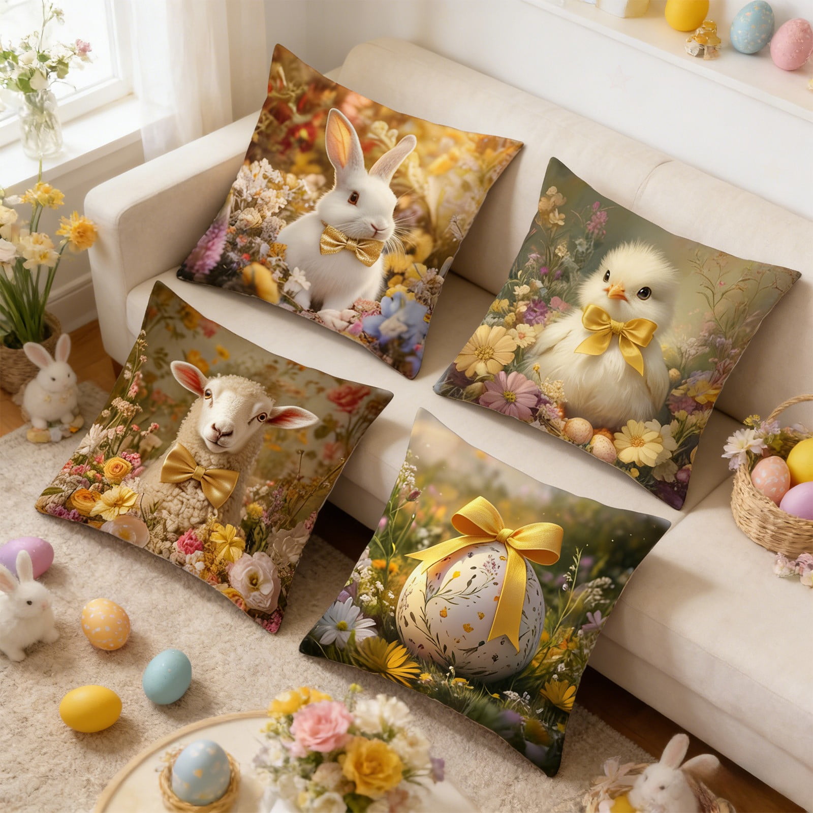 Easter Pillow Covers Set of 4, 18x18 Inch Rabbit and Easter Egg Print Throw Pillow Covers, Soft Flannel Decorative Covers for Couch Sofa Living Room Spring Home Decor