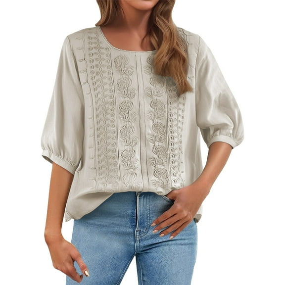 Outfmvch Boho Tops for Women Cotton Tunic Embroidered Shirts for Women Long Sleeve Tops Business Casual Tops for Women Womens Blouse Beige L