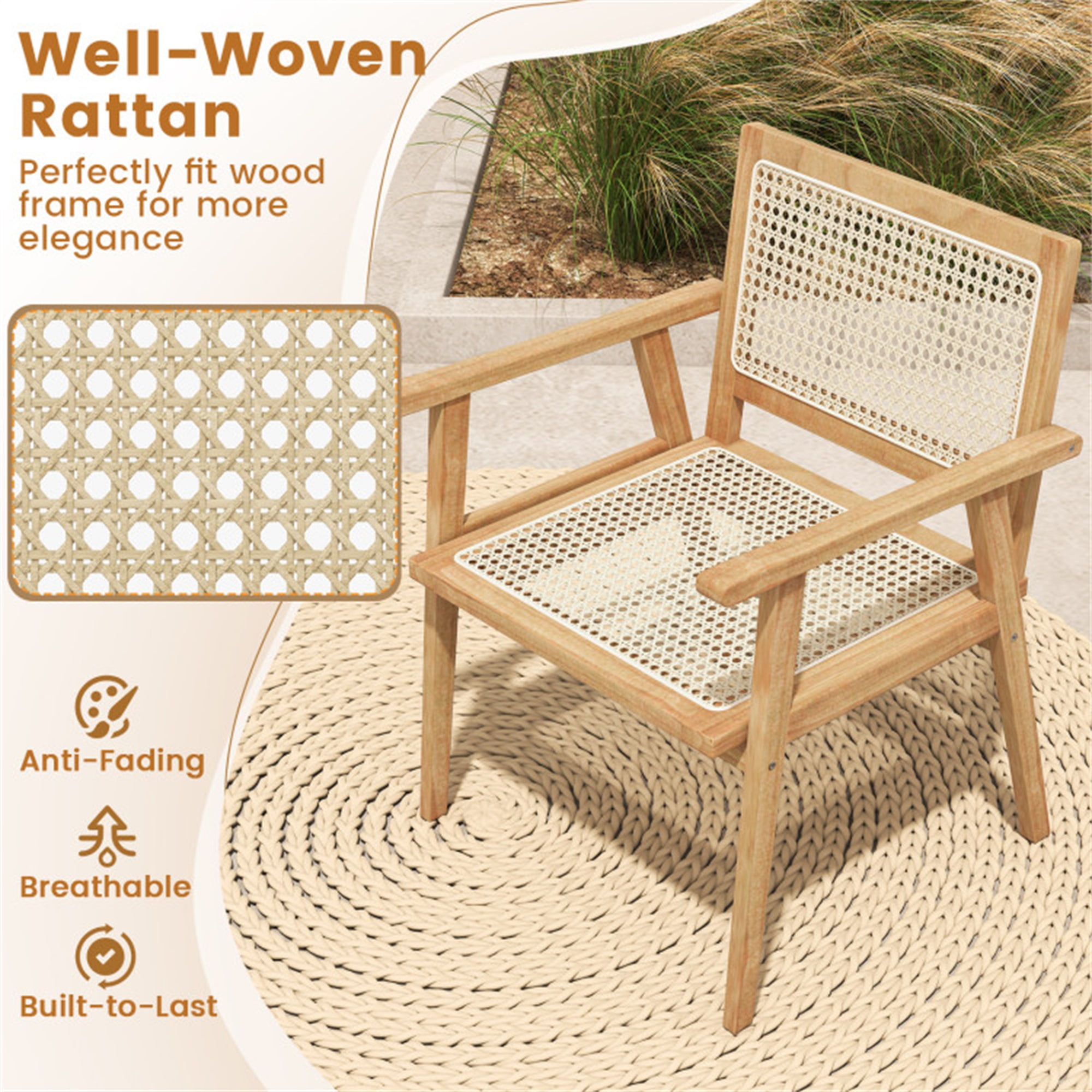Demi Bonn Indonesia Teak Wood Dining Chair with Natural Rattan Seat and Curved Backrest for Backyard Porch Balcony, Beige