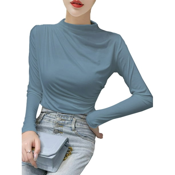 SUNSIOM Women's Asymmetrical Ruched Tops Long Sleeve Round Neck Solid Color  T-Shirts Blouses Streetwear