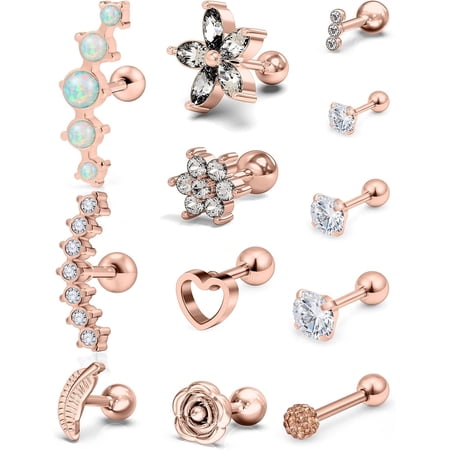 16G Cartilage Earrings Tragus Earrings Studs for Women Quality Stainless Steel Cubic Zirconia Stud Earrings Forward Helix Earrings Piercing Jewelry for Women 12PCS[l559]