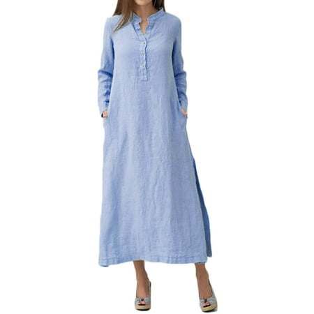 Sleeve Bubble Hem Dress - ZANZEA Women Long Sleeve Loose Vintage Split Hem Long Maxi Dress
