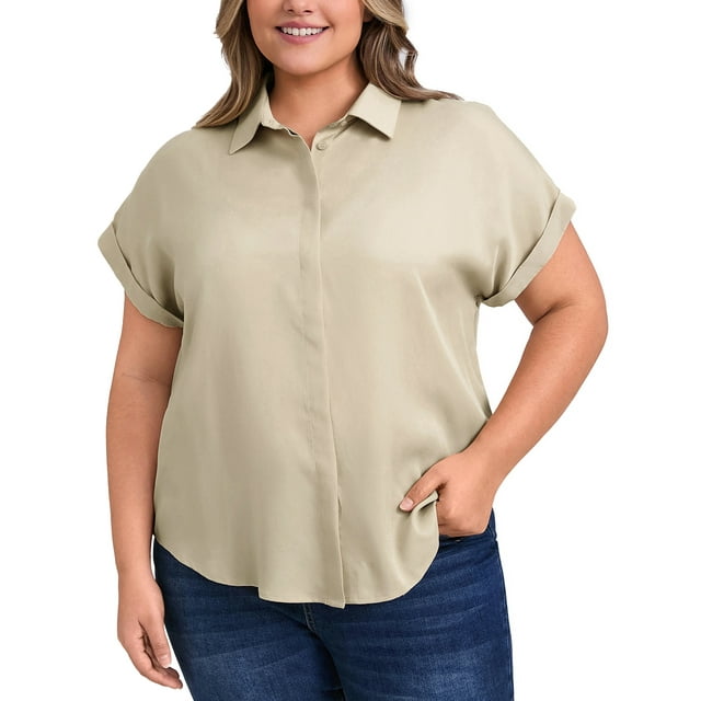 GRACE & GRANDEUR Camisas de Talla Grande para Mujeres, Camisa de Botón con Cuello, Mangas Cortas con Dobladillo, Blusas Casual 2X Caqui