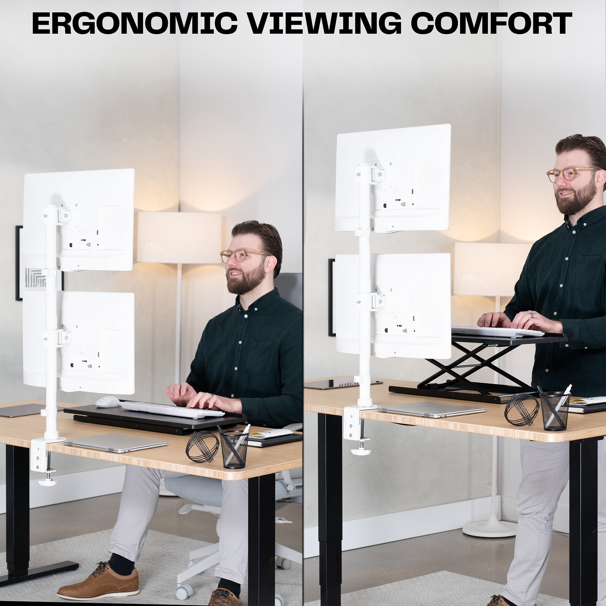 VIVO White Dual Computer Monitor Desk Mount, Vertical Array, 2 Screens up to 34"