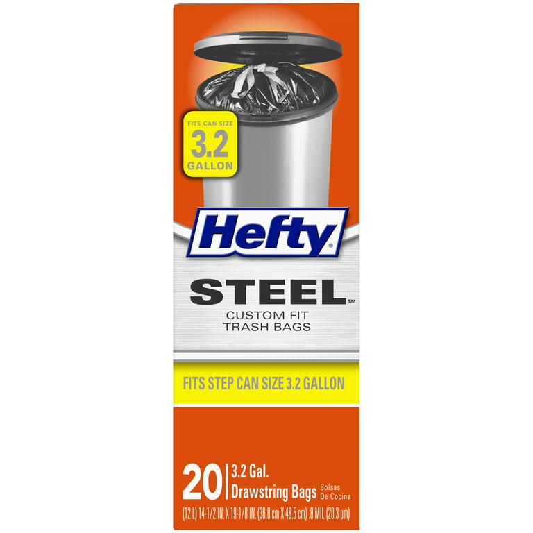Hefty Steel Custom Fit B Size Drawstring Trash Bags, Black, Unscented, 3.2  Gallon, 20 Count