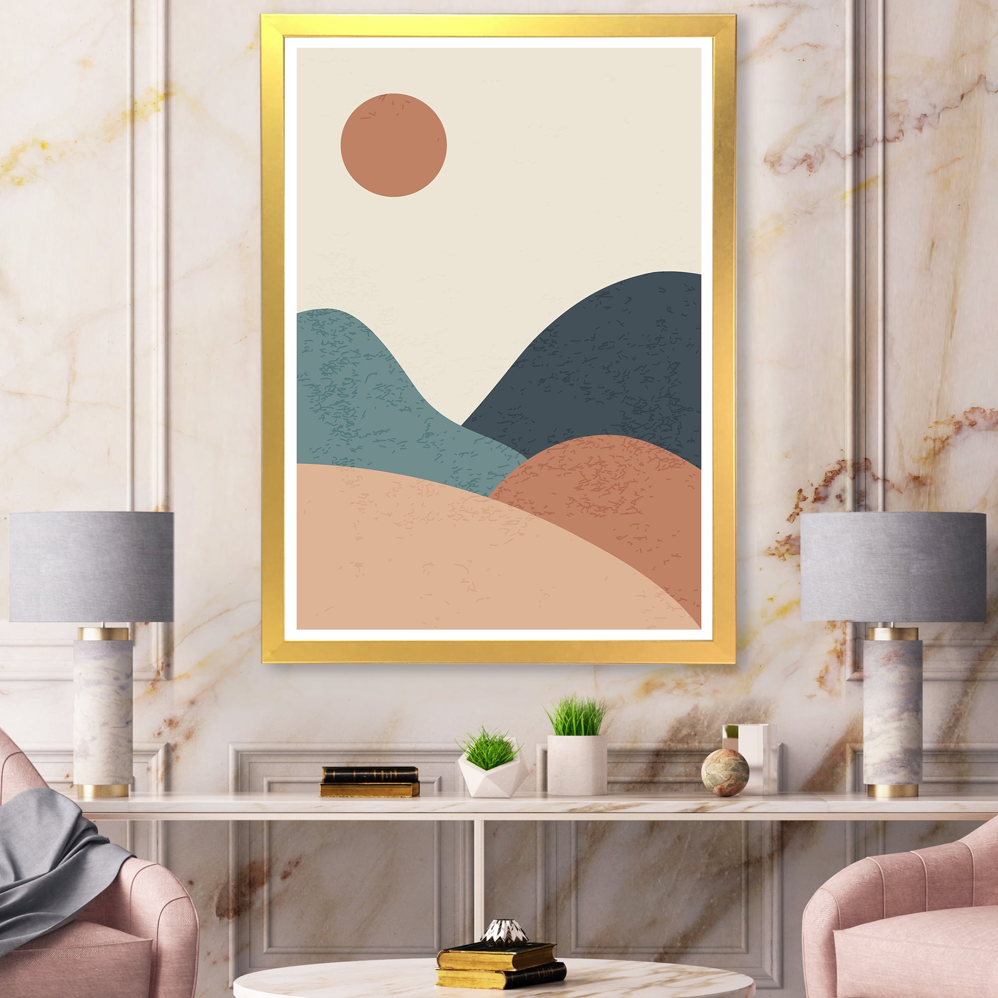Designart 'Minimalist Vintage Landscape With Lake At Sunset' Modern Framed Art Print