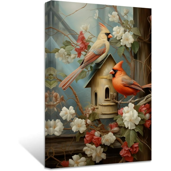 ZHONGYUTONG Cardinal Picture Wall Art Cardinal on Branch Canvas Prints Rustic Elegant Bird with Vintage Flower Paintings Winter Animal Artwork Home Decor Framed (12.00" x 18.00")