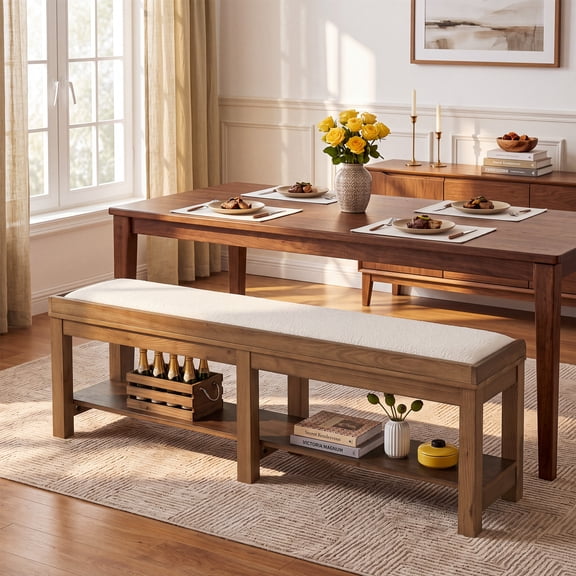 Finmind 62.99" Solid Wood Dining Bench with Removable Cushion & Storage Shelf, Farmhouse Style