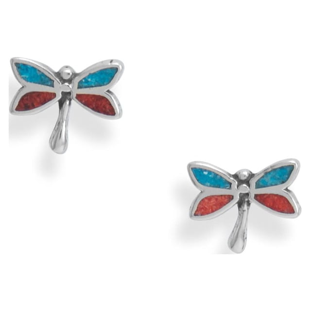 Precious Stars Boucles d'Oreilles Libellule en Argent Sterling Corail et Turquoise