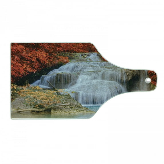 Waterfall Cutting Board, Lake Landscape Forest Surrounded by Autumn Leaves on Fall Season Trees, Tempered Glass Cutting and Serving Board, Wine Bottle Shape, Blue White and Orange, by Ambesonne