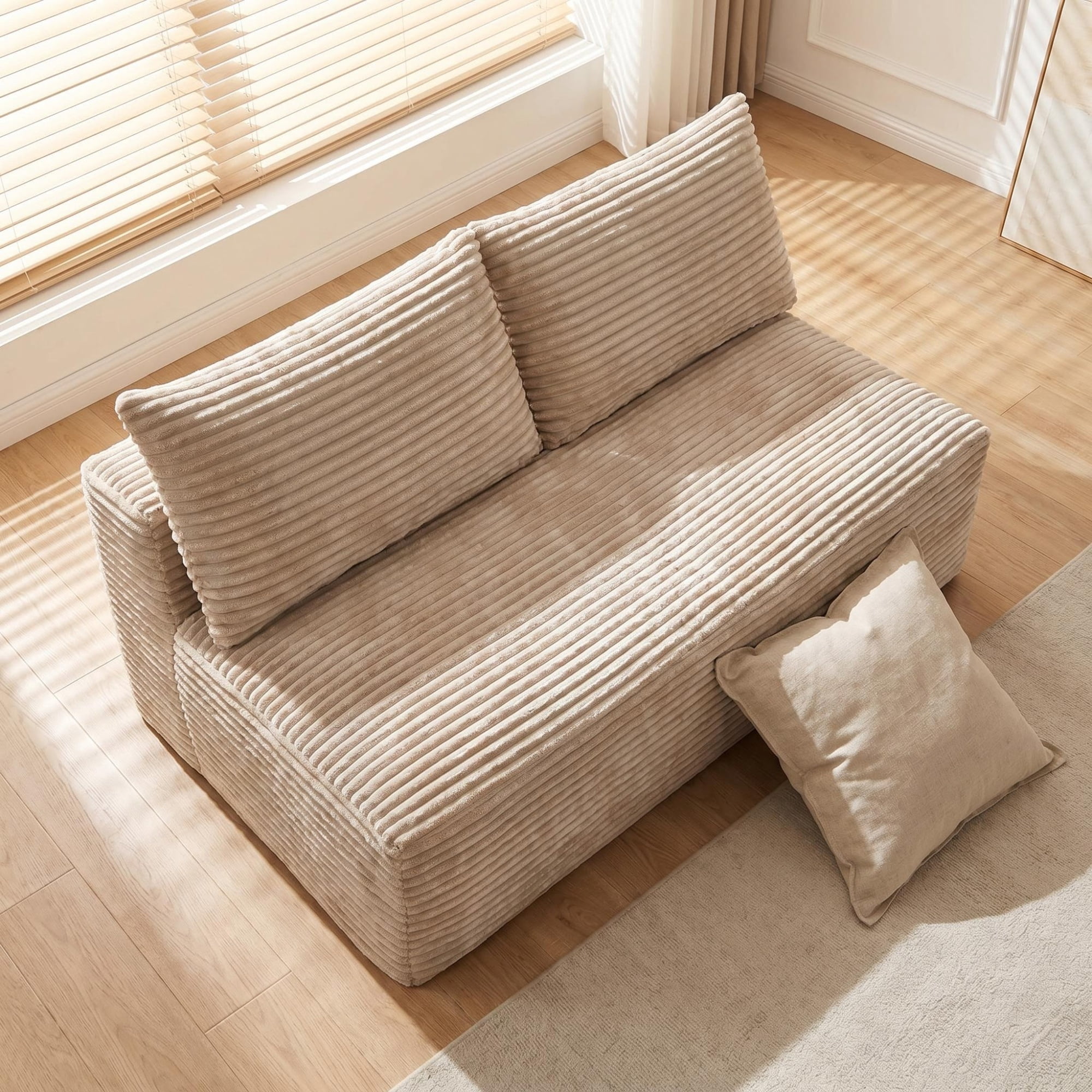 Leumius Corduroy Loveseat, 2-Seater Floor Sofa,Armless Legless Compressed Sofa Couch for Living Room, Small Apartment, Bedroom,Camel