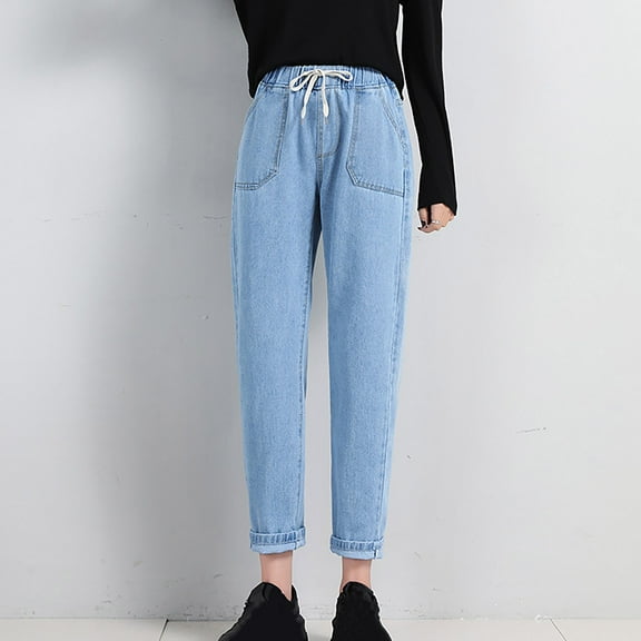 QIUOMBBP Womens Casual Elastic Waist Pull On Jeans Lightweight Drawstring Denim Pants with Pockets, Light Blue, S