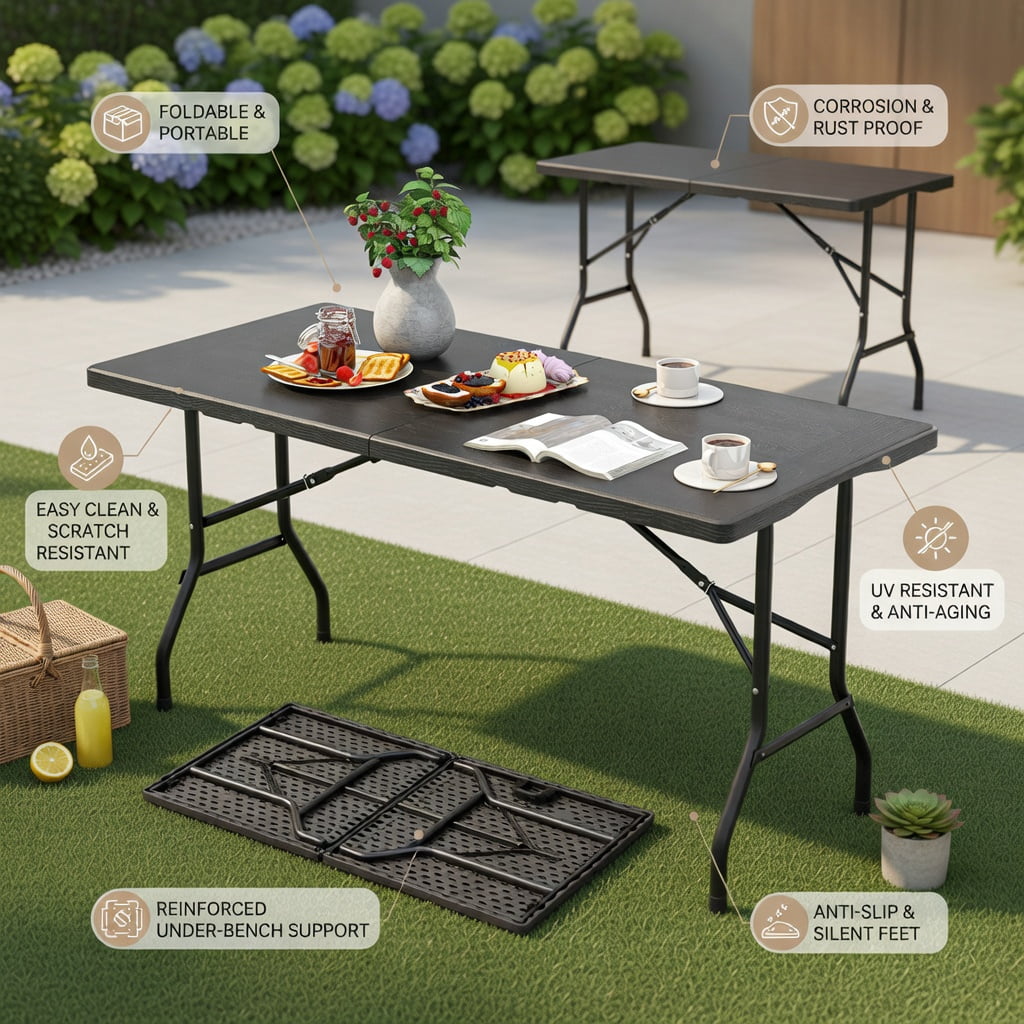 Hommoo 5FT Foldable Picnic Table with Wood-Grain HDPE Top, Non-Slip Feet & Reinforced Steel Frame, Outdoor/Indoor Table for 4-6 People, Black