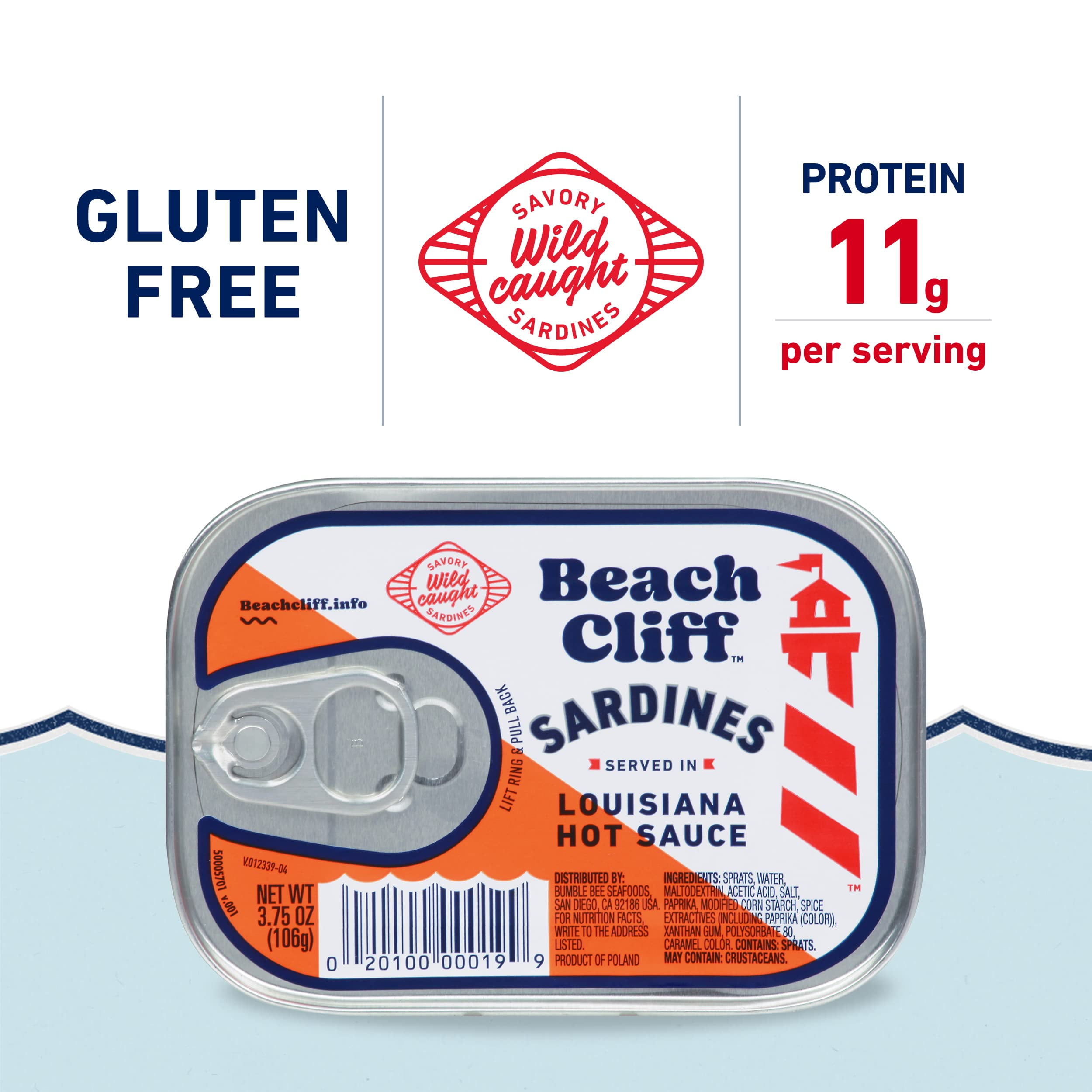 Beach Cliff Wild Caught HHA1&nbsp;Sardines in Louisiana Hot Sauce, 3.75 oz Can (Pack of 12) - 11gProtein per Serving - Gluten Free, Keto Friendly - Great for Pasta & Seafood Recipes