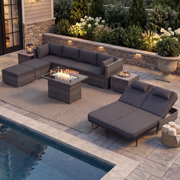 RADIATA 10-Piece Patio Furniture Set with Fire Pit Table, Outdoor Sectional with 43" 60000 BTU Firepit Table, Double Chaise Lounge, High Back Wicker Outdoor Sectional with Fire Pit Set,Dark Gray