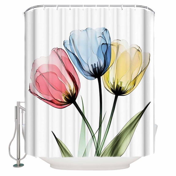 Shower Curtain Bathroom Set Farm Blue Yellow Pink Flower Tulip Waterproof Fabric Shower Curtains with Grommets&Hooks Spring Floral on White Privacy Bath Curtain for Bathtub 36x72in