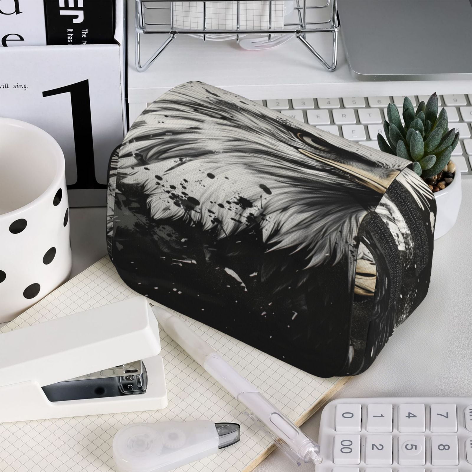Rateoe Ink Style Bald Eagle Pattern Double Clamshell Pen Case, Storage Organizer with Two Zipper Compartments– Holds Up to 50 Pencils & Pens