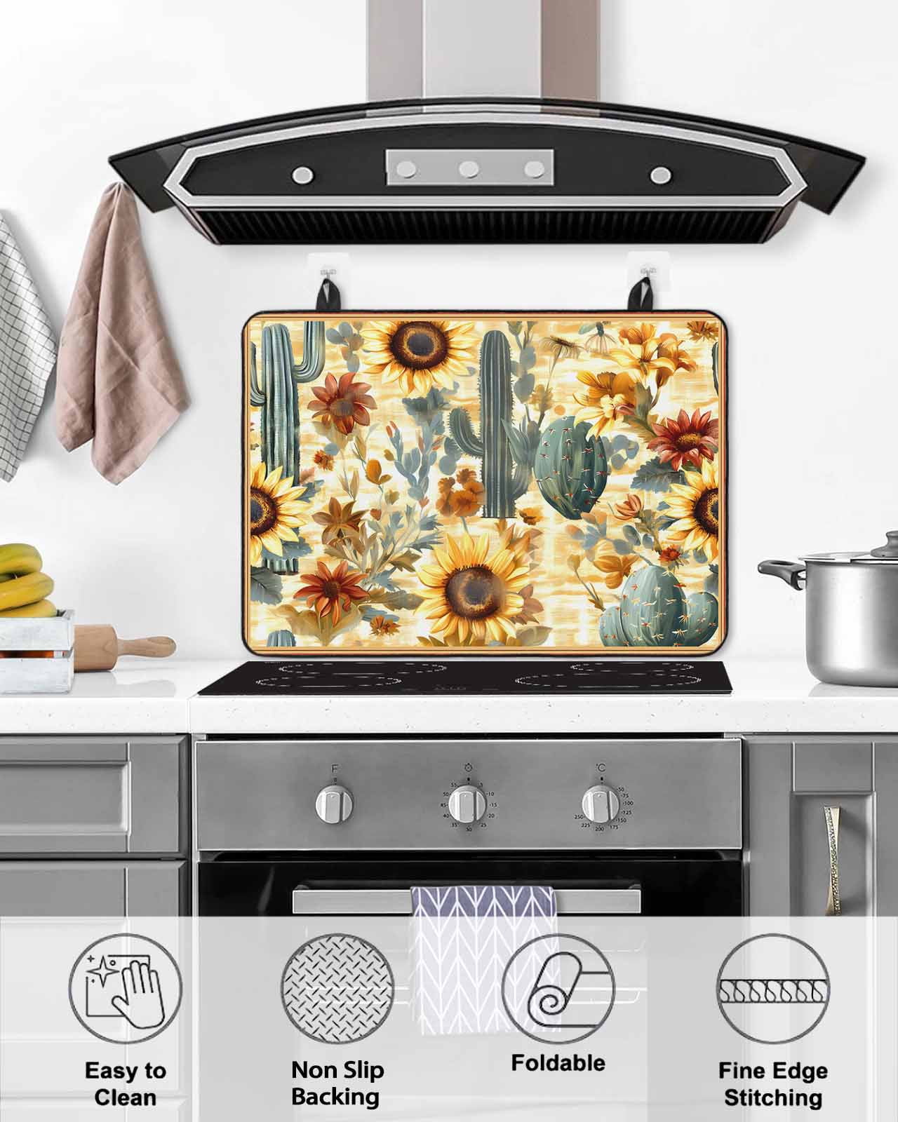 nqOlkjepod Large Induction Cooktop Protector Mat 36"x21", Cactus Sunflowers Stove Top Covers for Electric Stove, Watercolor Summer Floral Decorative Stove Burner Cover Mats, Glass Top Stove Cover