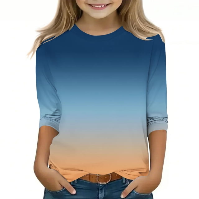 WRKEKC Chandails à Manches Longues pour Filles, T-Shirts à Manches Longues pour Filles, Hauts/chemise à Col Rond à Manches 3/4 Unis Tendance pour Enfants