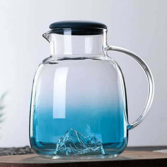 Pichet en Verre Épais / Distributeur de Thé Glacé en Borosilicate Antidéflagrant de 1,8l - Contenant de Boisson d'Été - Bouteille d'Eau Infuseur de Citron / Grand Ouverture / Sûr pour Chaud et Froid / Bleu / Usage Domestique