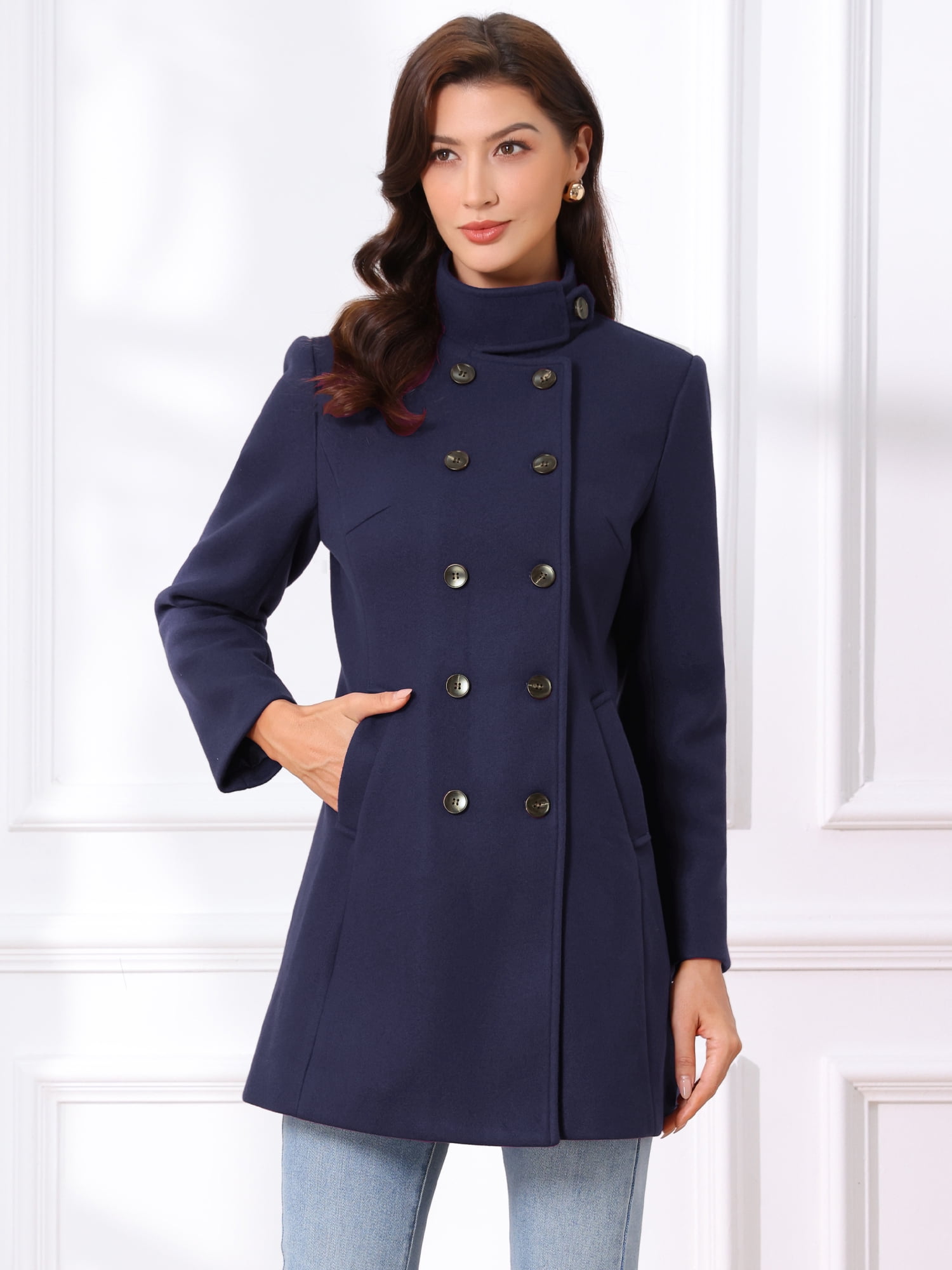 DARING DIVA Women's Winter Trench Stand Collar Pea Double Breasted Overcoat L Dark Blue