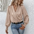 thumbnail image 2 of XFLWAM Women's Satin Silky Cowl Neck Tops Draped Wrap V Neck Ruched Front Long Sleeve Blouse Solid Color Shirt with Smocked Cuff Beige M, 2 of 7