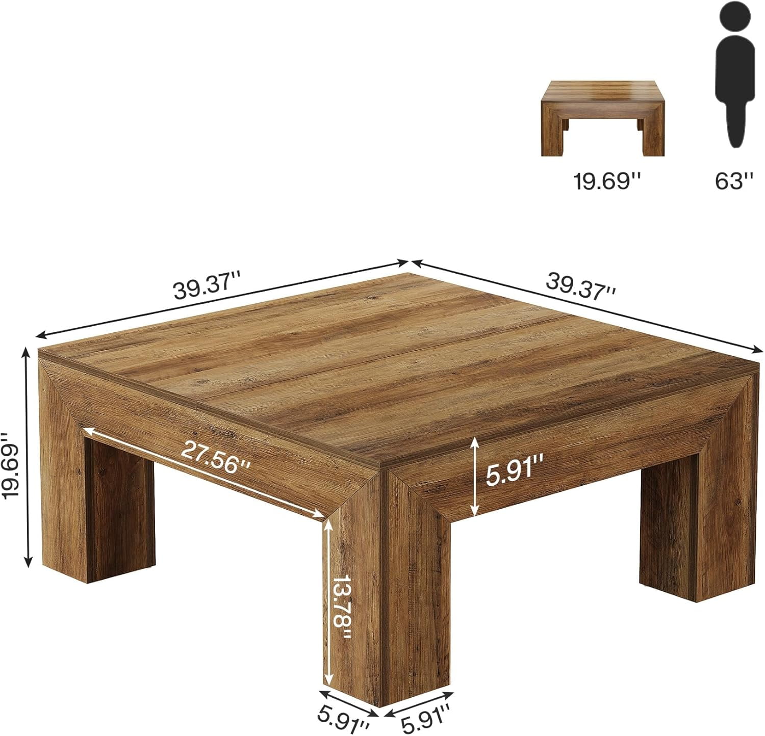 Tribesigns 39.4" All-Wood Coffee Table: Farmhouse Style Accent Centerpiece for Living Room with Sturdy Legs, Rustic Brown