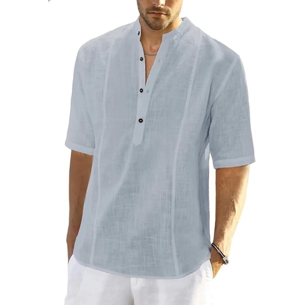 Camisas de lino para hombre, de manga corta, informales, de algodón, con botones, estilo henley, para playa, de verano, corte regular