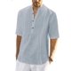 thumbnail image 1 of Camisas de lino para hombre, de manga corta, informales, de algodón, con botones, estilo henley, para playa, de verano, corte regular, 1 of 5