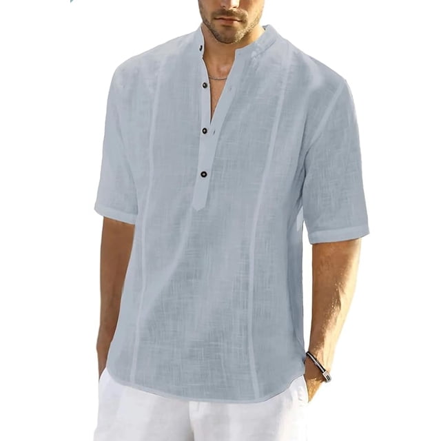 Camisas de lino para hombre, de manga corta, informales, de algodón, con botones, estilo henley, para playa, de verano, corte regular