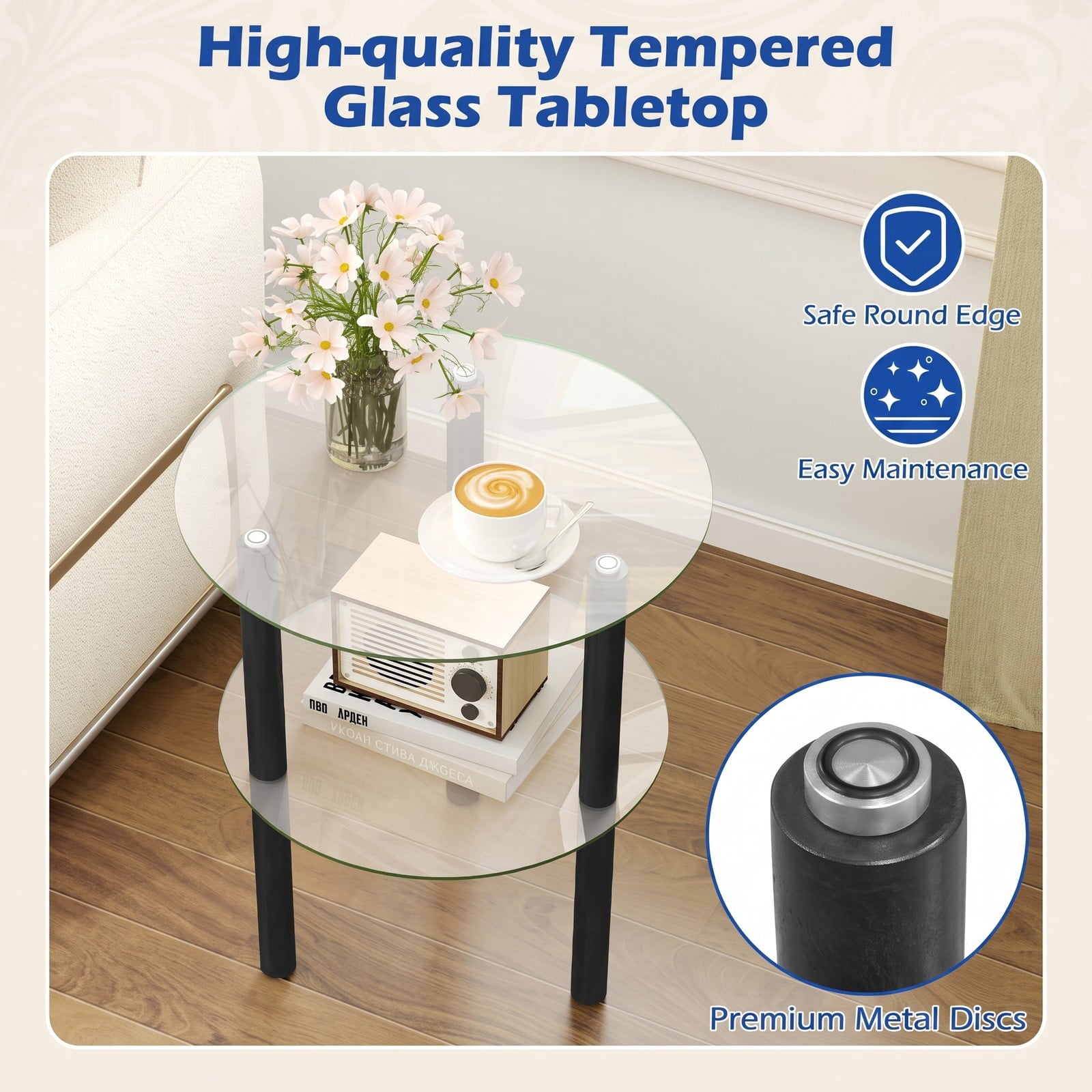 Furnibear 2-Tier Round End Table with Clear Tempered Glass Top and Storage Shelf, Rubber Wood Legs Side Sofa Nightstand for Living Room Bedroom, Black