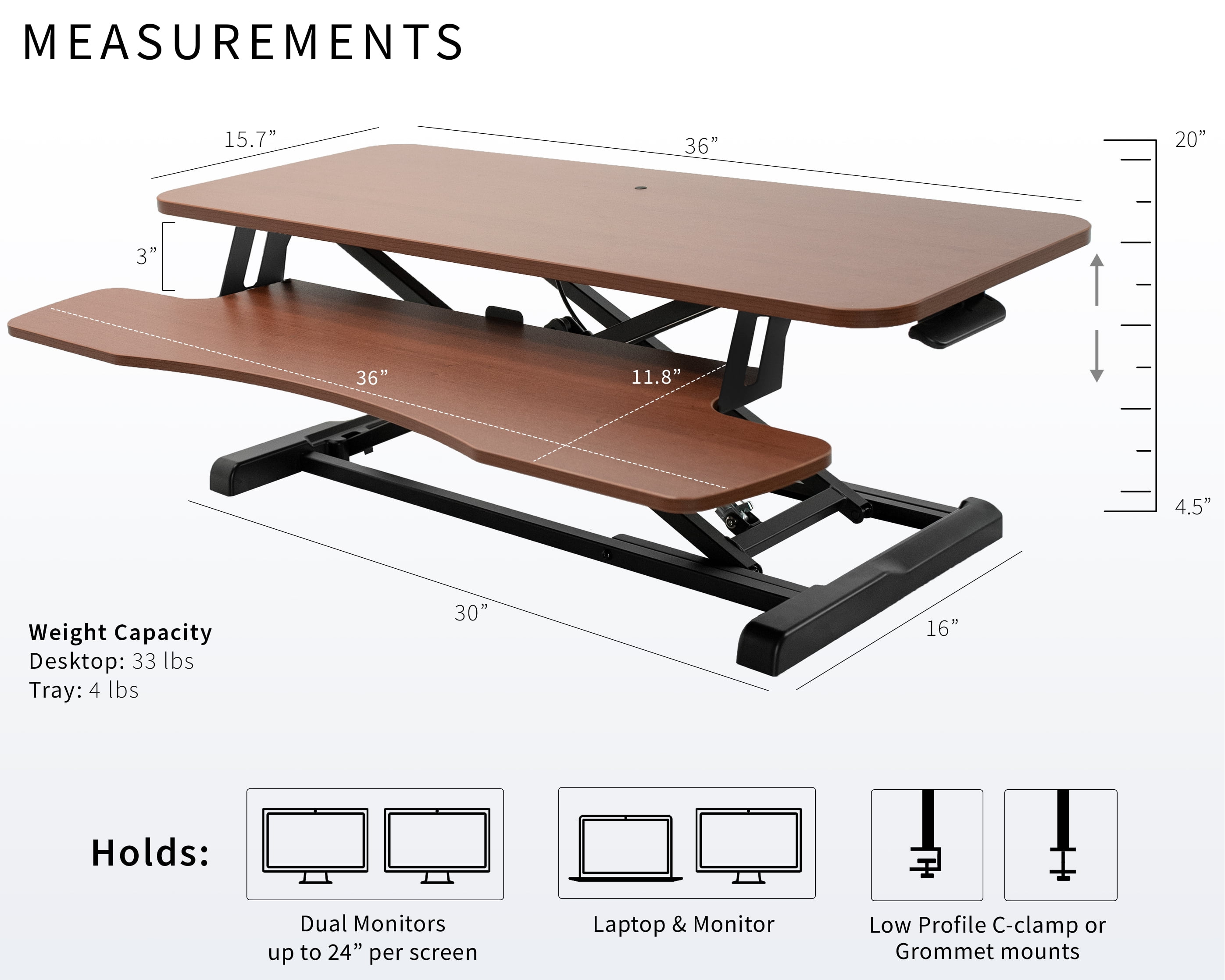 VIVO Dark Walnut Height Adjustable 36" Standing Desk Monitor Riser, Black Frame