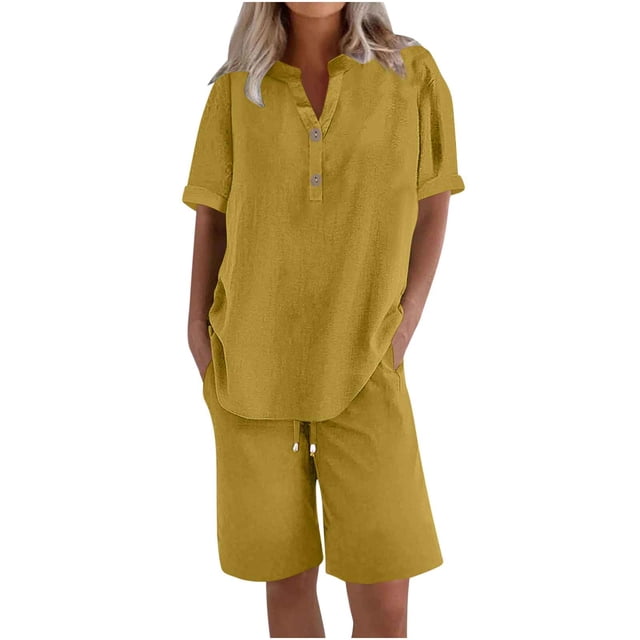 Neewe Womens Lounge 2 Piece Outfits Matching Sets Short Sleeve Tops and Elastic Drawstring High Waist Shorts with Pockets