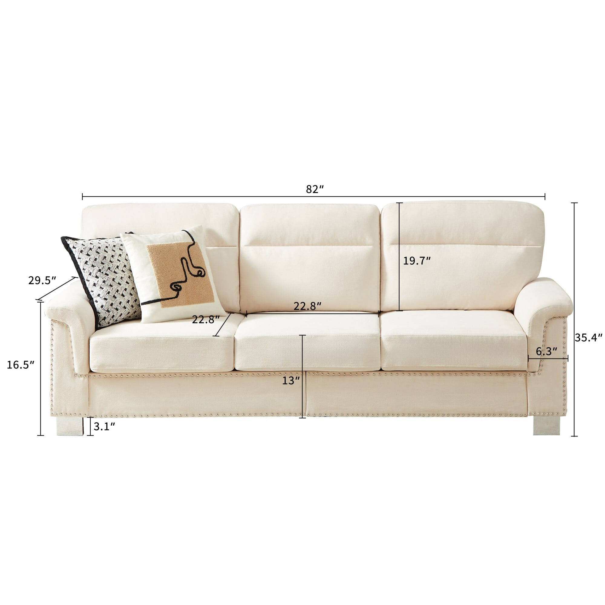 DEALTOPS 82" Modern Ice & Snow Velvet 3-Seater Sofa — Living Room Couch with Rolled Arms & Nailheads, Beige