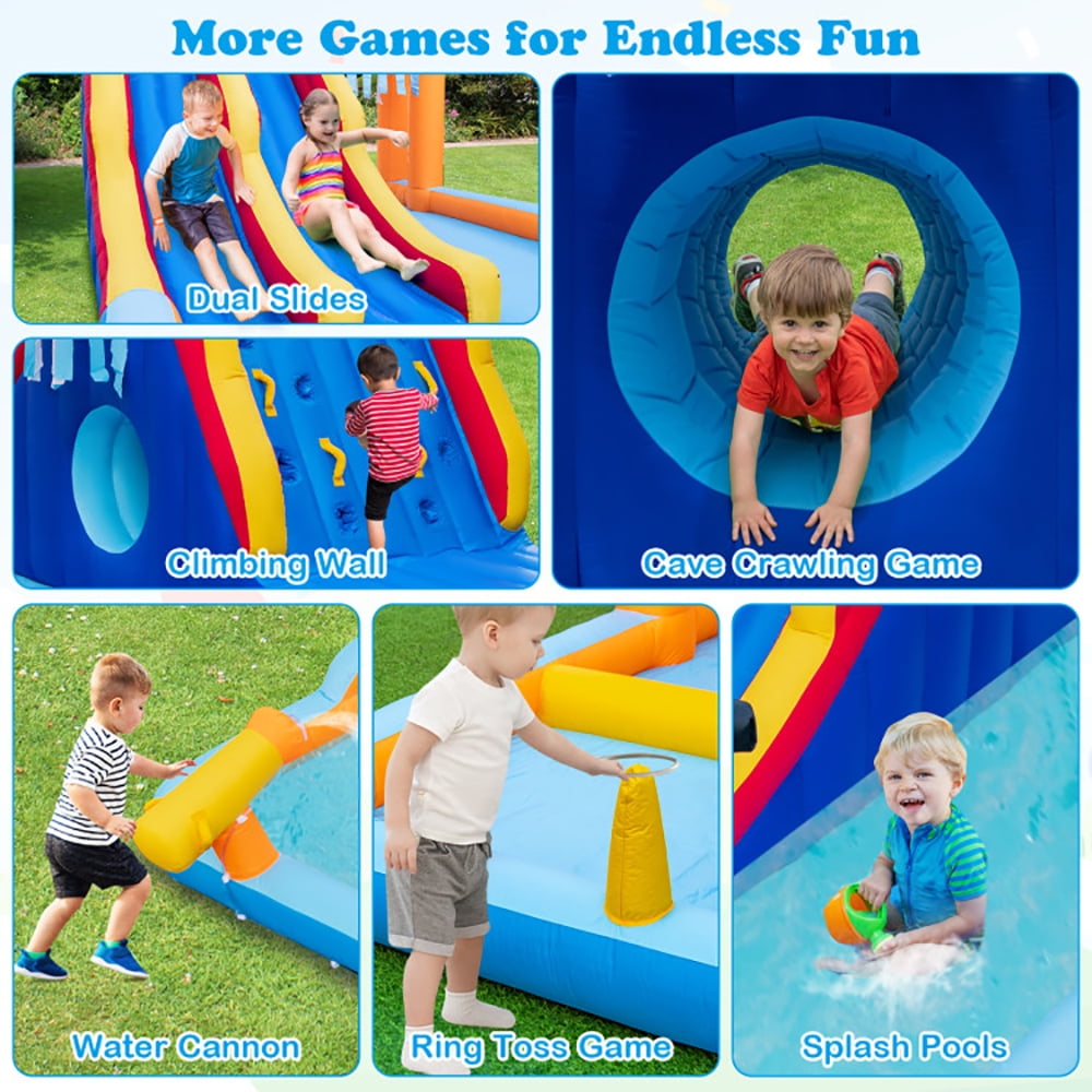 Aimee Lii 6-In-1 Inflatable Water Slide with Dual Slides Climbing Wall and Cave Crawling Game with 950W Blower, Playhouse for Kids Outdoor