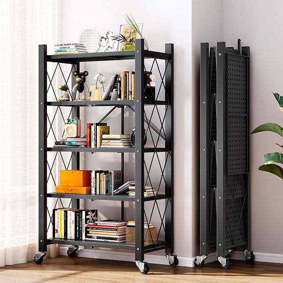 Joybos 5-Shelf Heavy Duty Metal  Storage Shelves with Wheels and Privacy Curtains, No Assembly Organizer Wire Shelf Rack for Kitchen, Basement, Pantry