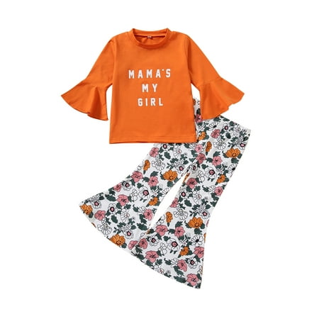 

Diconna Toddler Baby Girl Outfit Floral Dew Shoulder Ruffle Top Pullover+Plaid Flare Pants Set Clothes