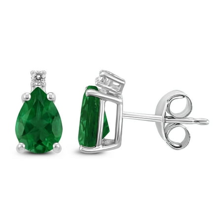 Emerald Diamond Pearl - 14K White Gold 5x3MM Pear Emerald and Diamond Earrings