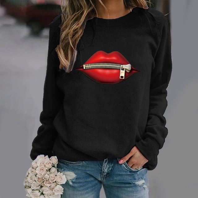 2023 Chandail en Molleton de Mode pour Femmes 50 % de Rabais Liquidation Mode Dames Fermeture à Glissière Lèvres Imprimé Graphique Manches Col Rond Chandail en Molleton