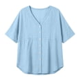 thumbnail image 4 of Stamzod Shackets for Women Casual V Neck Button Down Shirt Tops Summer Beach Short Sleeve Shacket Blue B L, 4 of 7