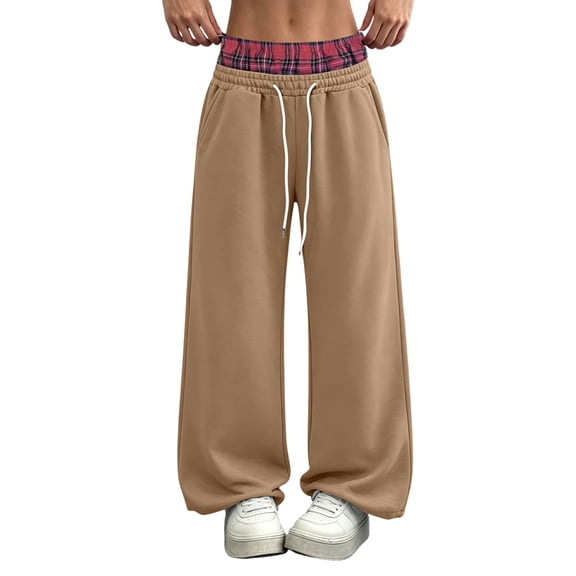 Womens Fleece Wide Leg Sweatpants Layered Drawstring Waist Patchwork Pants Casual Fashion Khaki XL
