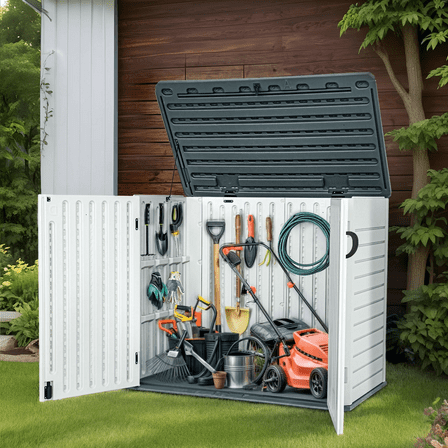 Uforic Outdoor Horizontal Storage Shed with X-Shaped Lockable Door, 35 Cu Ft Weather Resistant Resin Tool Shed, Light Gray