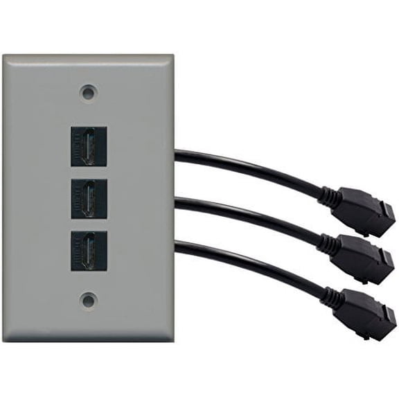 RiteAV (1 Gang Flat 3 HDMI Black Wall Plate w/Pigtail Extension Cable Gray
