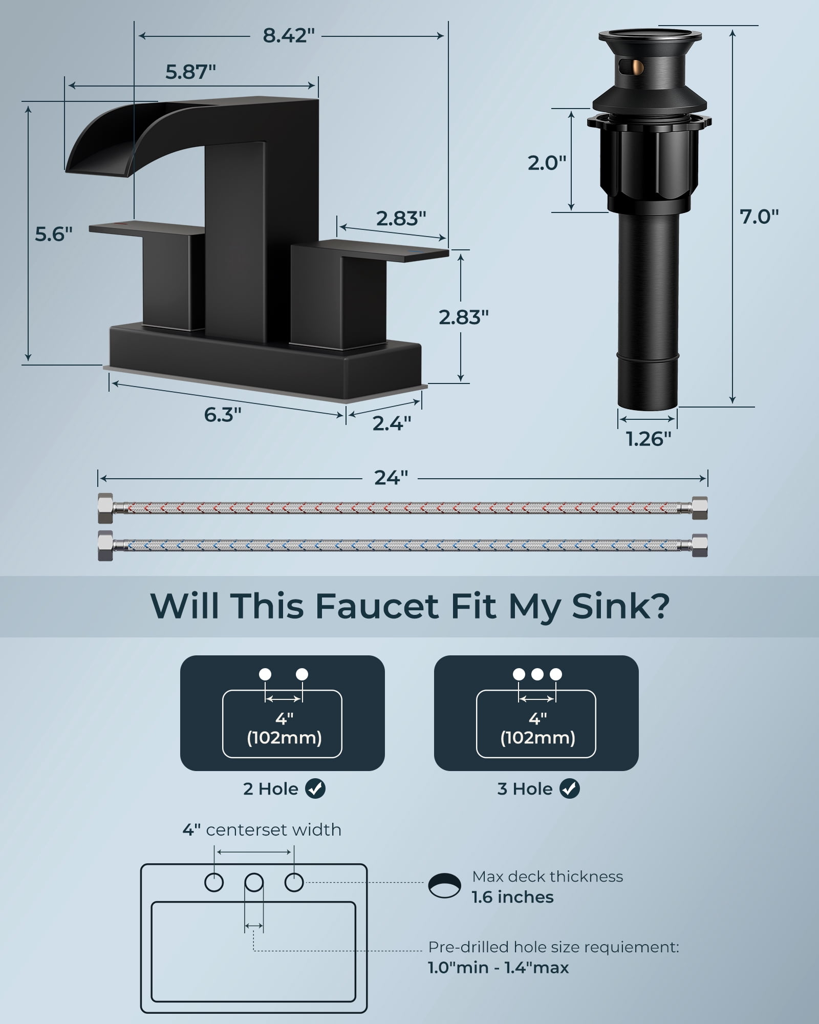 WB-61A32B Centerset Bathroom Faucet With Drain Assembly, 2-handle Bathroom Sink Faucet
