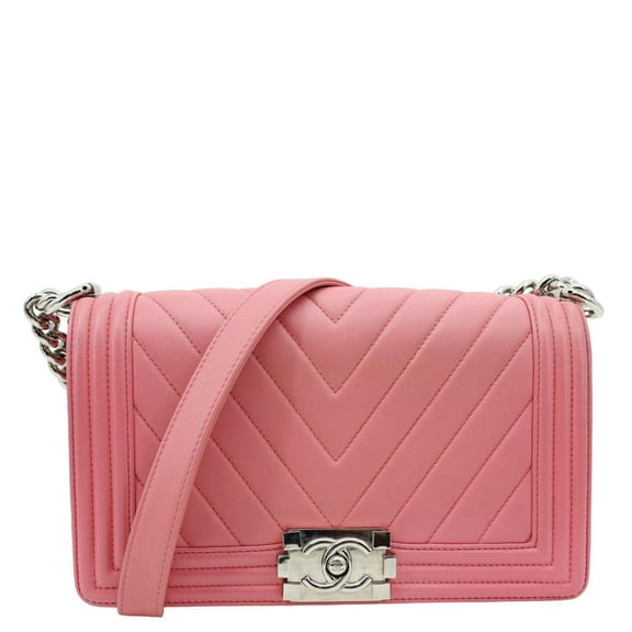 Pre-Owned CHANEL Boy Flap Old Medium Chevron Leather Crossbody Bag Pink