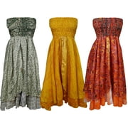 Mogul Womens 2 In 1 Vintage Silk Sari Dress Recycled Two Layer Skirt Wholesale Lot Of 3