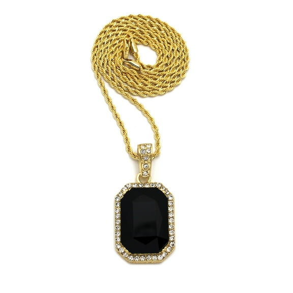 Rhinestone Studded Colored Gemstone Pendant w/ 3mm 18" Rope Chain Necklace, Gold-Tone/Black Stone