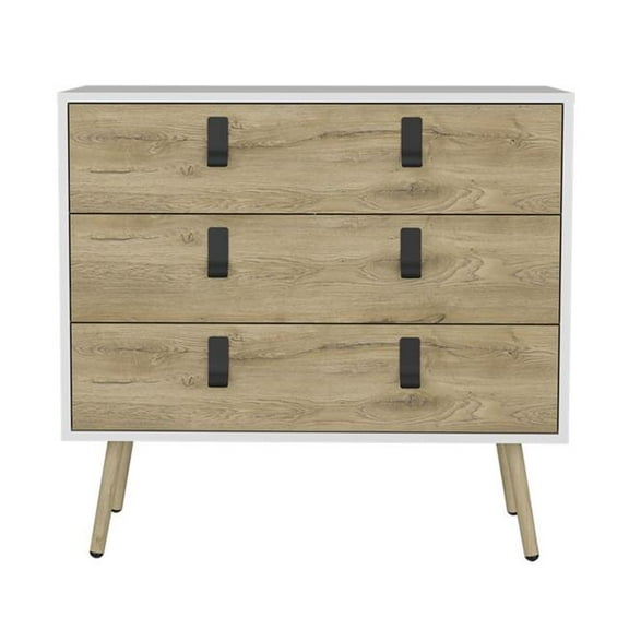 HomeRoots 546385 32 in. White & Natural Three Drawer Dresser