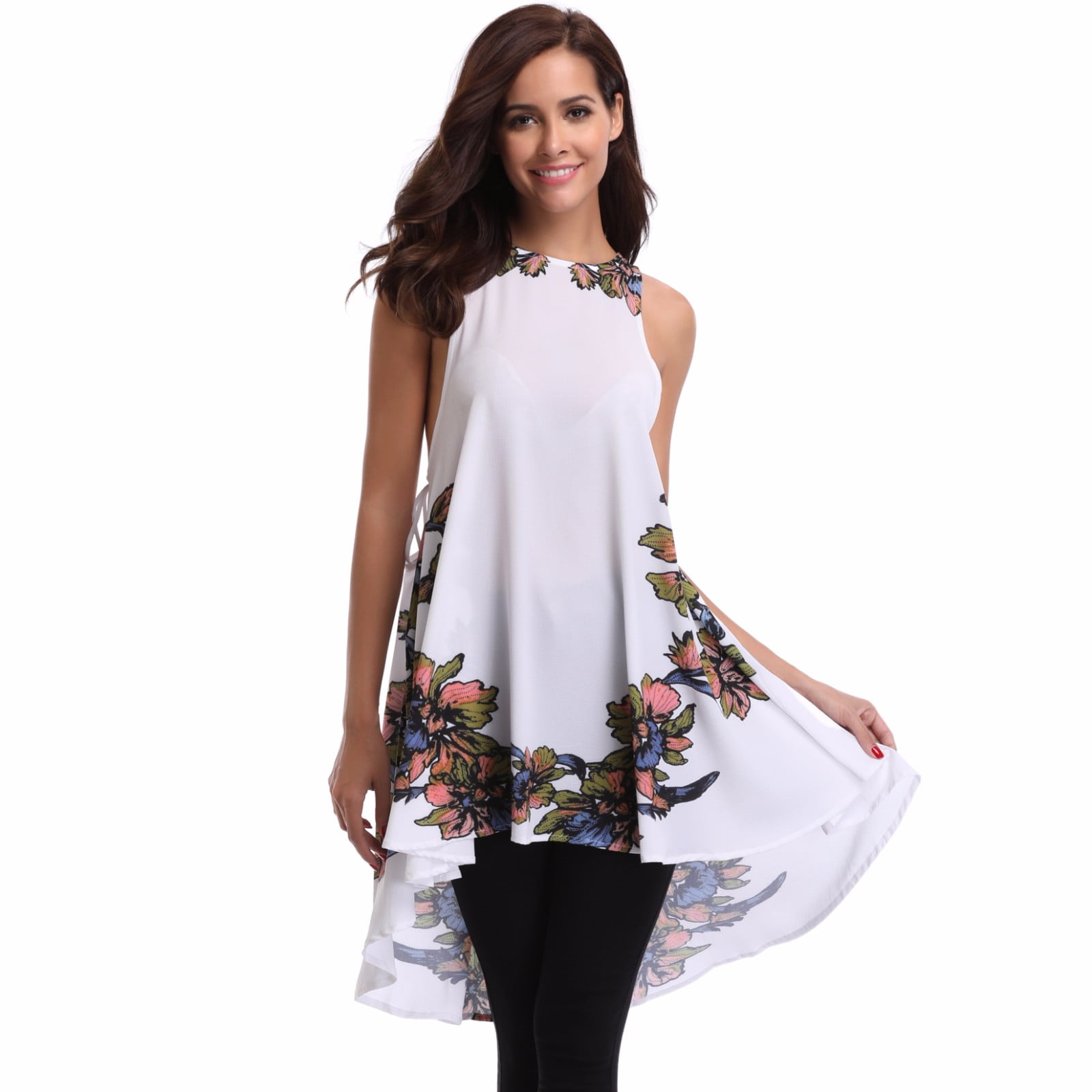 Miss Moly Women's Floral Printed Round Neck Sleeveless Tunic Sexy Tops ...